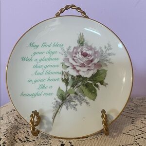 Decorative White Plate with Pink Rose Motif and Sentiment- inspirational